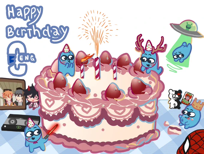 A drawing of a strawberry cake on top of a blue tablecloth. There are 3 candles on the cake, the one on the far left is being blown out by a blue character reminiscing Cellbit's emotes while using a party hat. The middle candle is lit up and the right one is out. There is a character with deer antlers and a hat holding onto the cake. Next to it, there is a character being abducted by an UFO. On the right side, there is a small Monokuma from Danganronpa, holding a photocard of Eunchae. There is a character in front of it eating a piece of cake, with a round belly and their tongue out, wearing a crown. In the corner, there is a Spiderman mask. On the left side, "Happy birthday" is written in white and blue next to CellbitENG's logo. On the table, there is a picture of Mafuyu and Ritsuka from Given. Beside the frame, there is a small plushie of Kim Dokja from ORV. In front of it, there is a VHS tape with a green eye. There is a character holding a red light saber. The background is white.