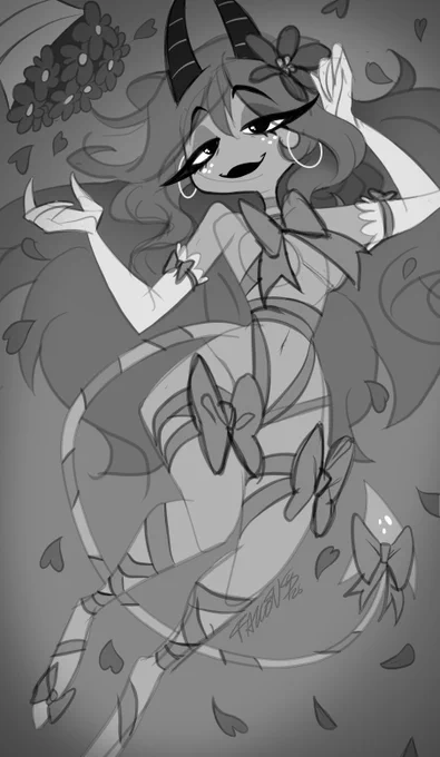 Sketch of Moxxie's Mother (whom i dubbed as Monica), in a stylized ribbon outfit referencing the style of the 2025 Valentine Poster.