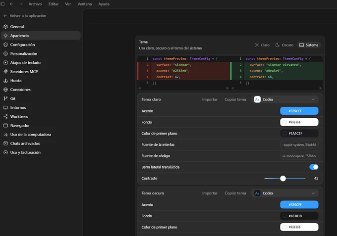 Codex UI personalización