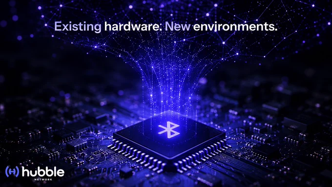 Illustration of a Bluetooth chip on a circuit board emitting connected network signals, representing off-the-shelf Bluetooth devices connecting through Hubble Network infrastructure.