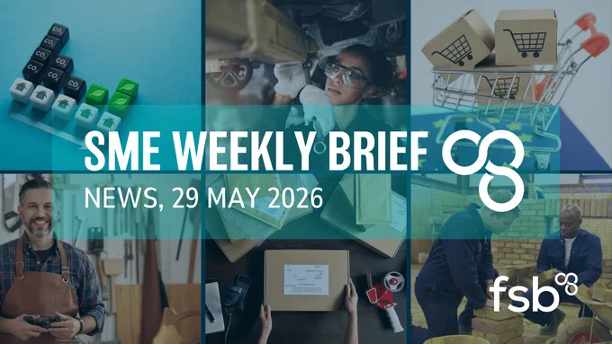 The graphic shows the header image for FSB's Weekly Brief Newsletter for 29 May 2026, covering: Youth unemployment, EU exports, invoice fraud, SPS rules, energy costs, mental health, landlords deadline, apprenticeships. To read the full edition, click the link in the post.