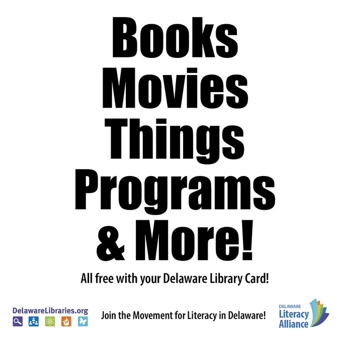 Bold text listing books, movies, things, programs, and more available free with a Delaware Library Card.
