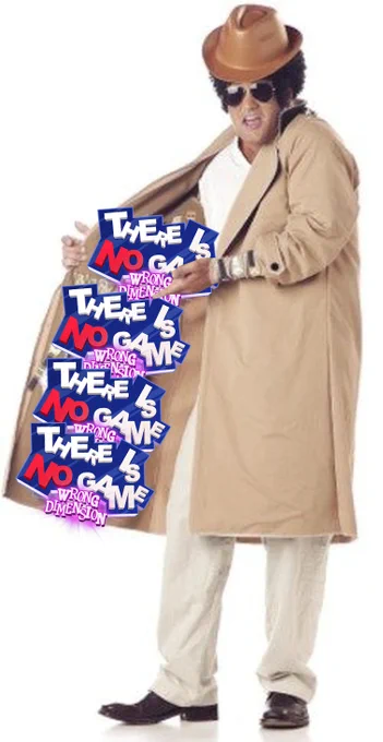 A guy dressed up as a black-market vendor, who pulls back his trench coat to reveal “There Is No Game” logos
