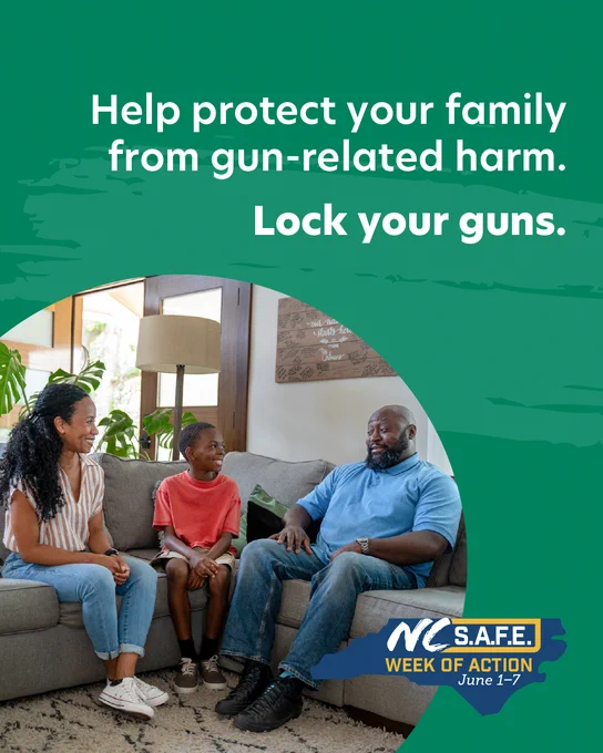 A family sitting on the couch. Text says "Help protect your family from gun-related harm. Lock your guns."