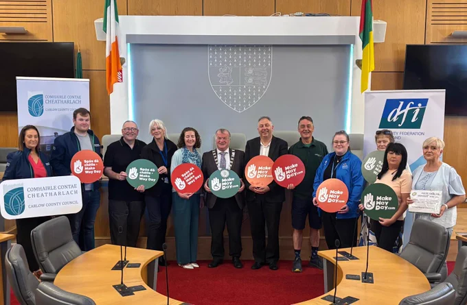 A group of around twelve people stand in the chamber of Carlow County Council, holding red and green circular Make Way Day signs. The person at the centre of the group wears a mayoral chain. Carlow County Council and DFI pull-up banners are visible on either side, along with the Irish tricolour and the Carlow county flag.