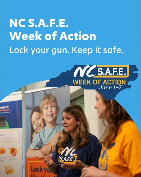 Two women giving a presentation. Text says "NC S.A.F.E. Week of Action. Lock your gun. Keep it safe."