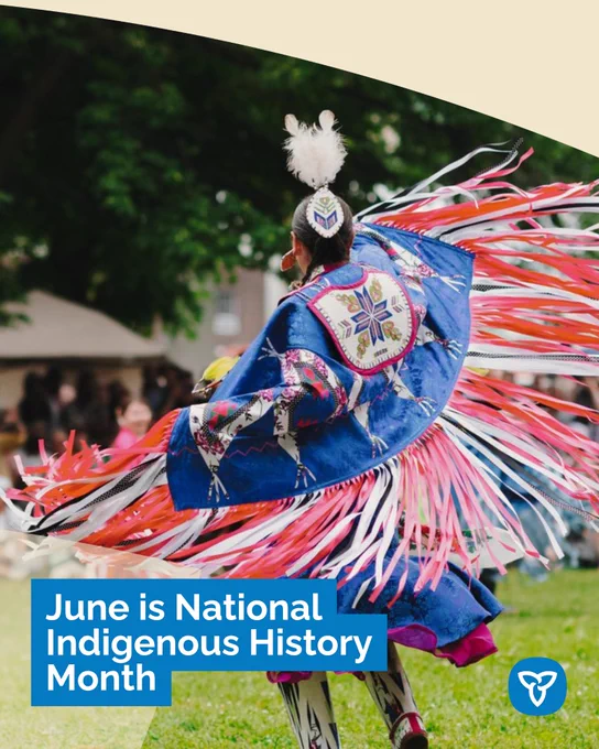 Copy: June is National Indigenous History Month
Alt text: Person dancing in regalia at event