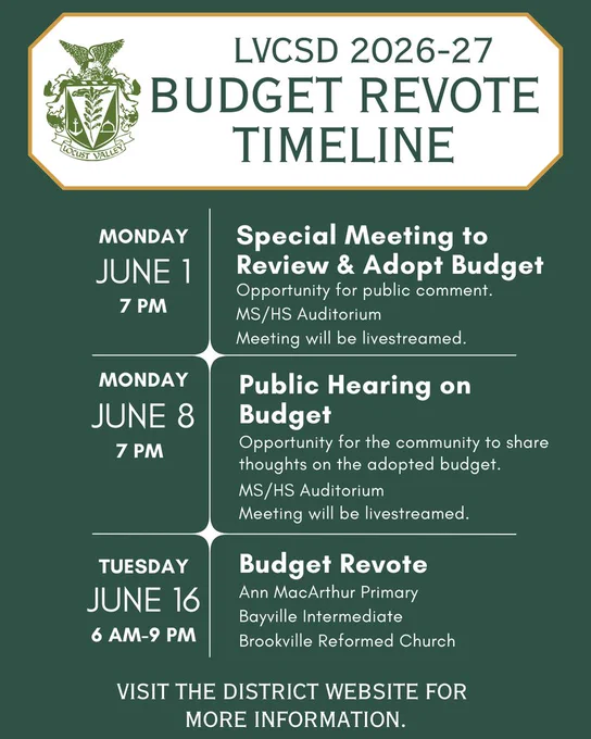 LVCSD 2026-27 Budget Revote Timeline. Monday, June 1, 7 PM: Special meeting to Review & Adopt Budget. Opportunity for public comment. MS/HS Auditorium. Meeting will be livestreamed. Monday, June 8, 7 PM: Public Hearing on Budget. Opportunity for the community to share thoughts on the adopted budget. MS/HS Auditorium. Meeting will be livestreamed. Tuesday, June 16, 6 AM - 9 AM: Budget Revote. Ann MacArthur Primary, Bayville Intermediate, Brookville Reformed Church. Visit the district website for more information.