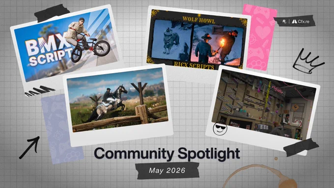 Rockstar Games and Cfx.re Community Spotlight poster with four images featuring various scenes from GTAV and Red Dead Redemption 2. Text reads: \"Community Spotlight. May 2026\"