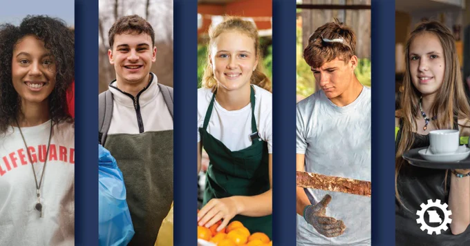 Five diverse teen workers in different uniforms representing various professions.