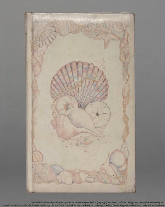 A weathered, white notebook. Its cover features a central illustration of various seashells, marine life, and twisting laddered strands in pale colors, framed in a border with the same motif.