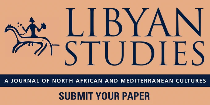 An image featuring the text "Libyan Studies: A Journal of North African and Mediterranean Cultures" on a tan background. Above the text, there is an illustration of a person riding a horse. At the bottom, "Submit Your Paper" is written.