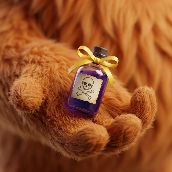 The small hand of a hairy alien holds out a small bottle of purple poison with a yellow gift ribbon.