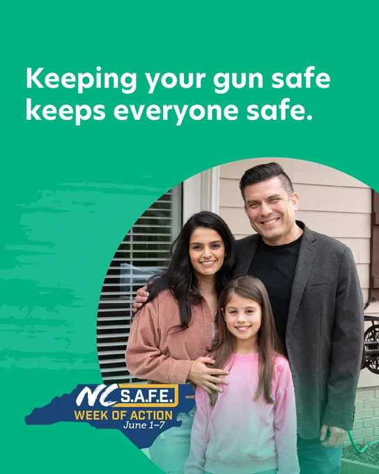 A family standing together. Text says "Keeping your gun safe keeps everyone safe."