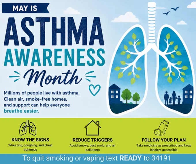 Promoting May as Asthma Awareness Month with lungs, trees, and a family, emphasizing clean air and smoke-free homes.