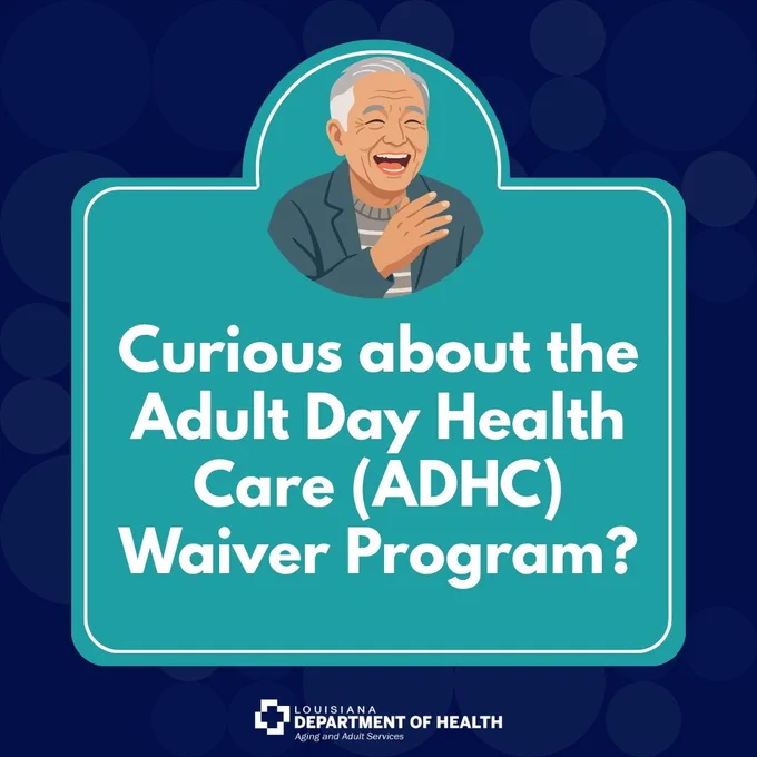 Infographic title reads 'Curious about the Adult Day Health Care (ADHC) Waiver Program?'
