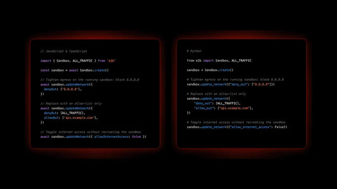 Code snippets in JavaScript and Python demonstrate updating network configurations in an E2B sandbox environment.