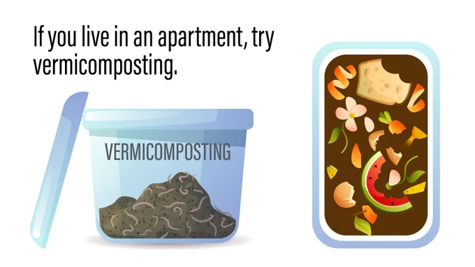 A vermicompost pail is shown with layers of worms, brown material and food scraps, with the text, “If you live in an apartment, try vermicomposting.”