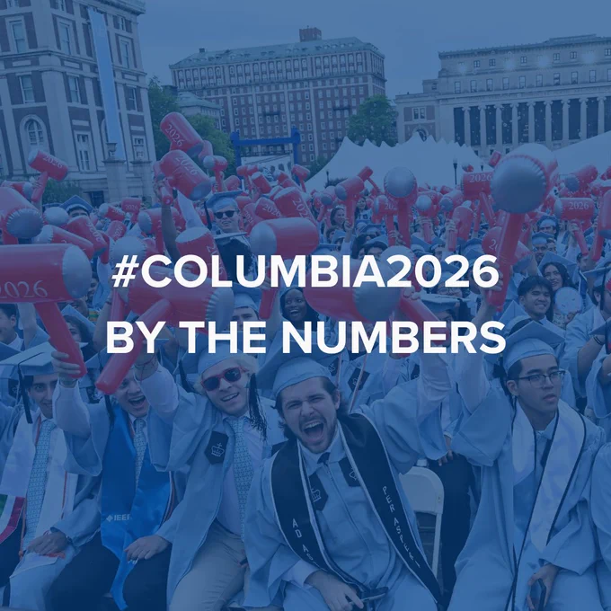 A graphic with Columbia University graduates that reads "#Columbia2026 by the numbers".