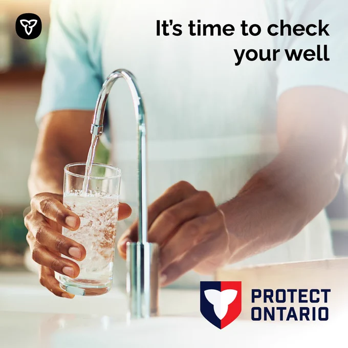 Image of a person getting a glass of water from a sink tap. Asset text reads "It’s time to check your well”