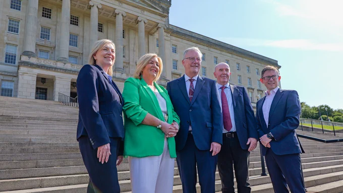 L-R Cathy Harrison, Chief Pharmaceutical Officer DoH, Jacinta Linden, Co-Director of Together for Families, Health Minister Mike Nesbitt, Paul Sweeney, Chair of the Northern Ireland Committee, The National Lottery Community Fund and Peter Toogood, Deputy Secretary, Social Care and Public Health Policy Group DoH.