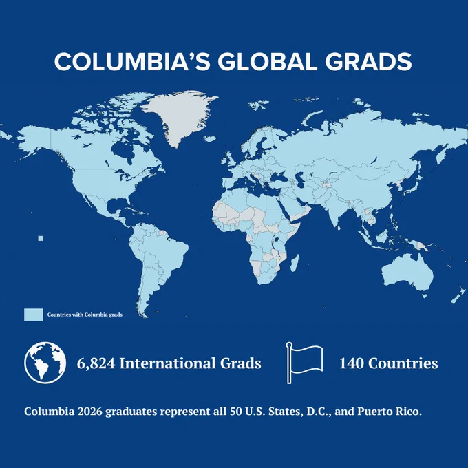 A graphic with a world map colored blue that reads "Columbia's global grads".