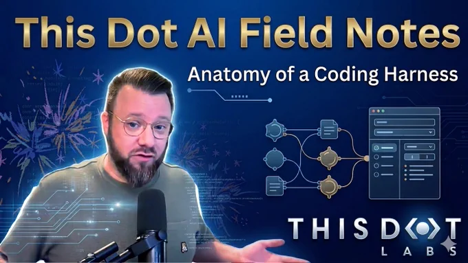 Alt text: Promotional graphic for a This Dot Labs video titled “This Dot AI Field Notes: Anatomy of a Coding Harness.” A blue technology-themed background features circuit patterns, code snippets, and workflow diagrams. On the left, a man with glasses and a beard speaks into a microphone while gesturing with one hand. On the right, an illustrated diagram shows connected AI workflow components leading into a software interface panel. The This Dot Labs logo appears in the bottom-right corner.