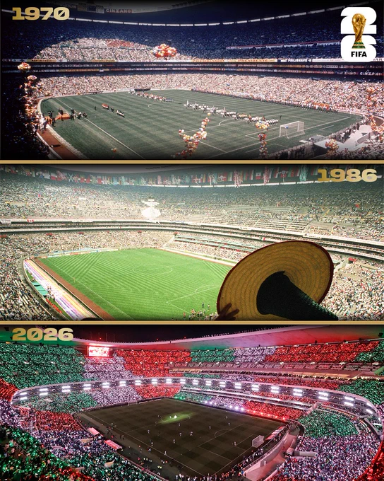 A split screen graphic with photos of Mexico City Stadium from 1970, 1986 and 2026.
