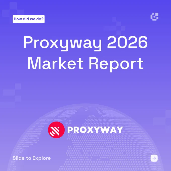 Cover slide of Byteful's carousel introducing the Proxyway 2026 Market Report with a globe graphic and the Proxyway logo at the bottom.