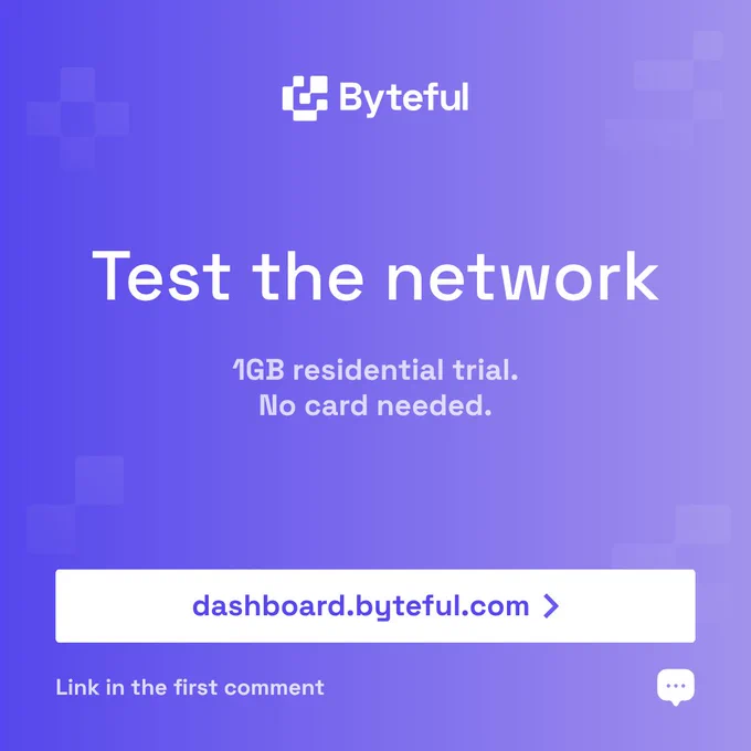 Call to action slide inviting users to test the Byteful network with a 1 GB free residential trial, no card needed, with the dashboard URL displayed.
