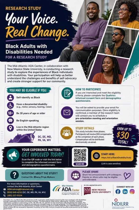 Flyer featuring photos of Black adults with disabilities and information about a research study on self-advocacy experiences.