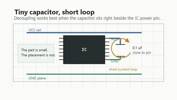 Clean educational diagram showing an IC power pin with a 0.1 uF decoupling capacitor placed very close between VCC and ground, with short current-loop arrows and labels for VCC rail and GND plane.