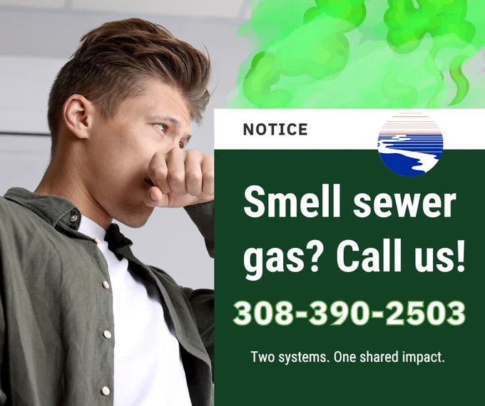 Illustration of a person surrounded by green odor clouds with text encouraging residents to call a city number if they smell sewer gas.
