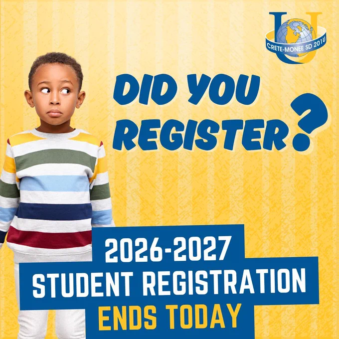 student wearing a striped sweatshirt looking to the side at the words, Did you register? 2026-2027 Student Registration Ends Today