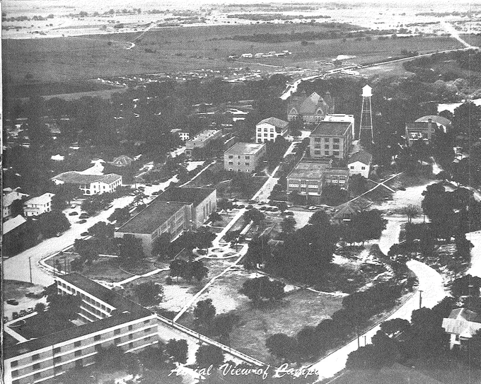 Aerial photo of the Texas State campus from the 1949 pedagog