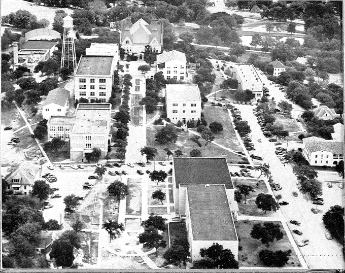 Aerial photo of the Texas State campus from the 1950 pedagog