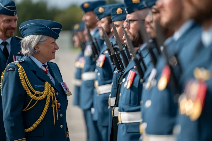 Her Excellency the Right Honourable Mary Simon inspects a lineup of Canadian Armed Forces members, deployed as part of Operation Lentus. Photo courtesy of Rideau Hall.
