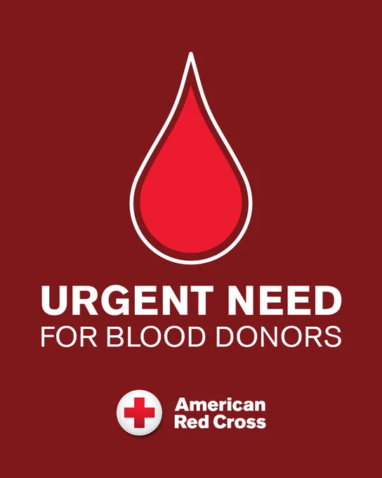 Graphic with a large red blood drop icon against a dark red background. Text reads: "Urgent need for blood donors."