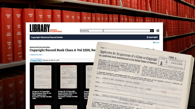 Background is shelves full of red record books; superimposed on the background is a screenshot of the Library's new site for the Copyright Record Books and a picture of an Form A application