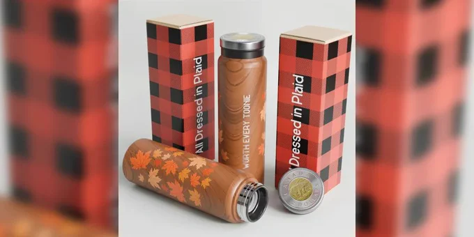 Two wood-textured insulated bottles with autumn leaf designs and plaid-patterned boxes labeled "All Dressed in Plaid."