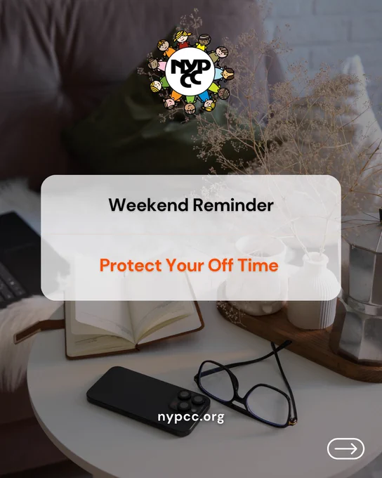 Cozy workspace with open notebook, glasses, and phone on a white table beside a sofa, reminding to protect your weekend off time.
