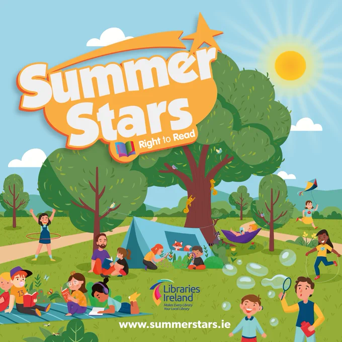 Children enjoying outdoor reading and play under a sunny sky with trees and a tent in a park setting.
