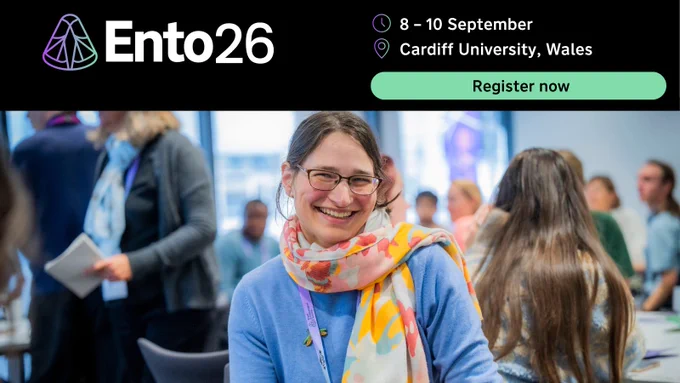Attendees engaging in conversations and networking at an Ento conference, advertising Ento26 in Cardiff