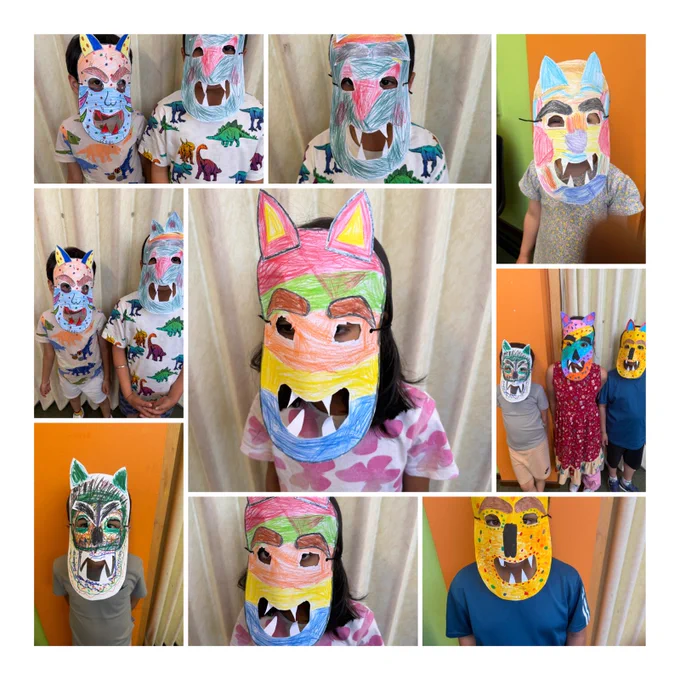 A collage of children smiling while wearing colourful masks, showcasing creativity and joy during a fun activity.