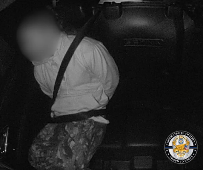 Person with blurred face seated in a vehicle wearing a seatbelt and camouflage pants, hands behind their back.