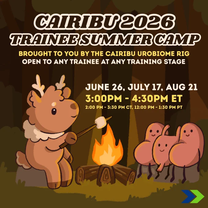 Caribou Lou roasts a marshmallow over a campfire accompanied by two kidneys and a bladder. Text reads "CAIRIBU 2026 Trainee Summer Camp. Brought to you by the CAIRIBU Urobiome RIG. Open to any trainee at any training stage. June 26, July 17, Aug 21. 3:00PM to 4:30 PM Eastern. 2:00PM to 3:30PM Central, 12:00PM to 1:30 PM Pacific."