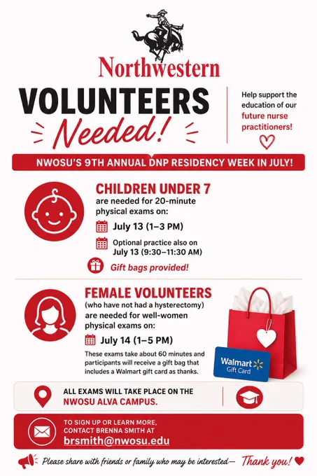 Northwestern NWOSU volunteer recruitment flyer for 9th Annual DNP Residency Week in July, listing dates and details for children's physical exams and well-woman exams on the Alva campus.