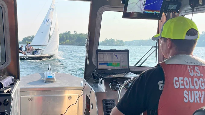 GLRI large river sampling on the Canadian side of the St. Lawrence River near Morristown, New York, on board the new Research Vessel Osprey. Photo by Andrew Kirby, USGS