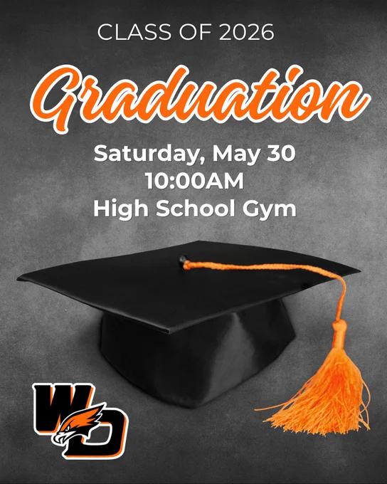 Class of 2026 graduation announcement with black cap and orange tassel, event on Saturday, May 30 at 10 AM in the high school gym.