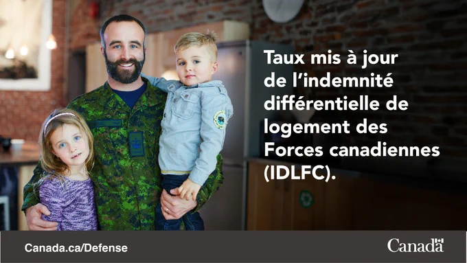 Un militaire en uniforme avec deux enfants. Texte : Taux mis à jour de l'indemnité différentielle de logement des Forces canadiennes.